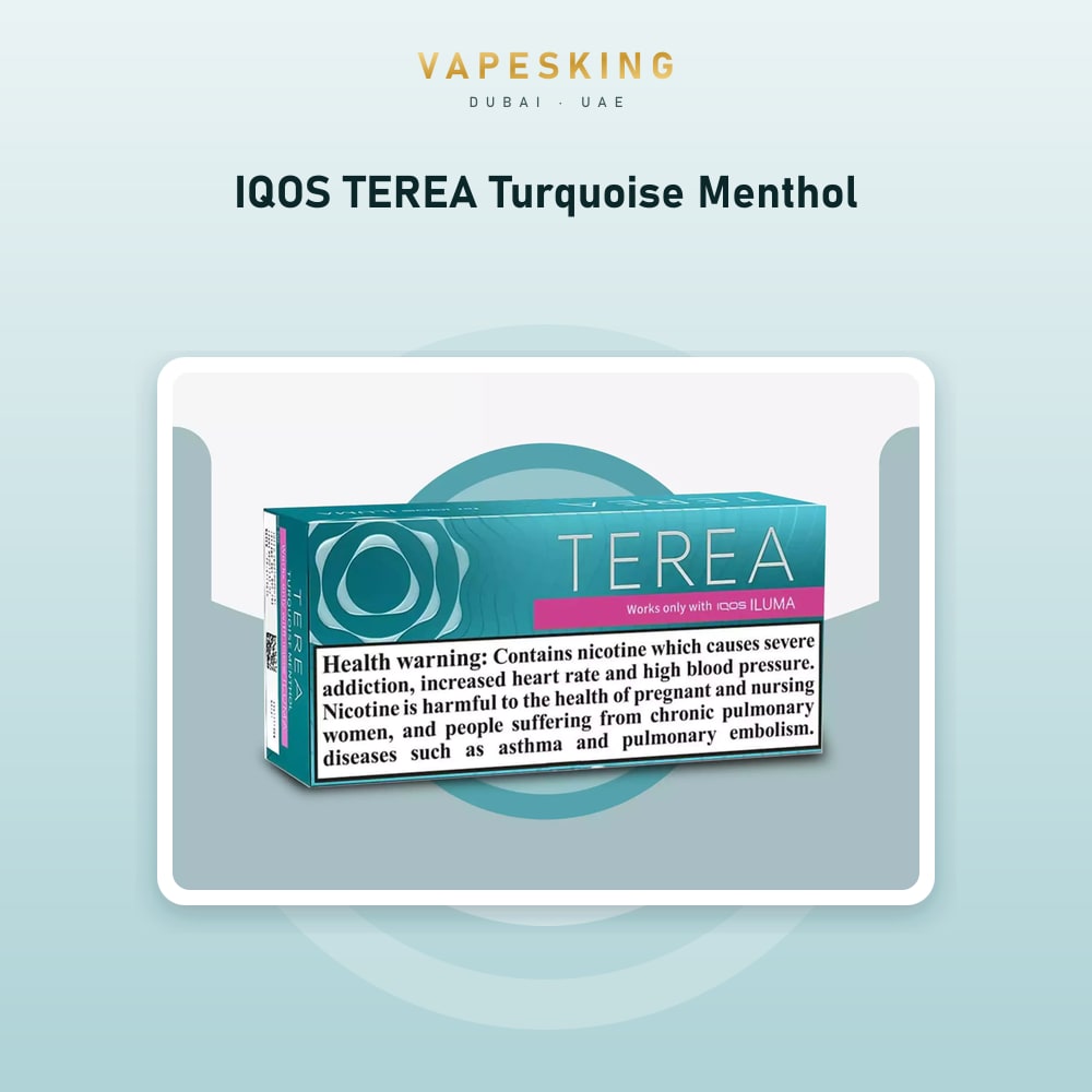 IQOS TEREA Turquoise Menthol pack of 20 heated tobacco sticks for IQOS ILUMA — in stock at Vapes King Dubai